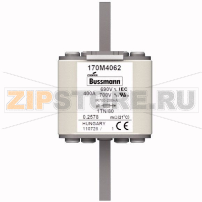 Предохранитель, 400 A, AC 690 В, 200 кА, DIN 1, 53x66x108 мм, aR, DIN, IEC Eaton FUSE 400A 690V 