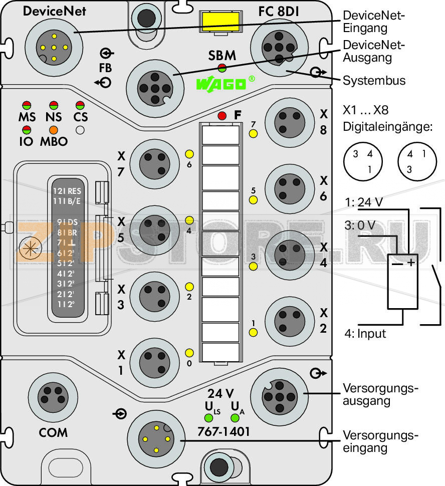 767 Series  I/O System Каплер полевой шины DeviceNet; 8-канальный дискретный вход 24 В пост. тока; светло-серые Wago 767-1401 Краткое описание:DeviceNet представляет собой независимый от производителей открытый протокол полевой шины, построенный на основе протокола CAN, который обычно используется для объединения в сеть датчиков и исполнительных устройств с устройствами автоматизации более высокого уровня. Он работает как в режиме "управляющий-подчиненный", так и в режиме с несколькими управляющими устройствами, при этом активные абоненты взаимодействуют с помощью двухточечного или многоточечного соединения.В качестве подчиненного устройства каплер полевой шины подключает систему WAGO SPEEDWAY 767 к DeviceNet. При инициализации шинный соединитель определяет модульную структуру станции и создает образ процесса всех входов и выходов.Характеристики:- Включает 8 дискретных входов, 24 В пост. тока- Модульность и расширяемость до 64 модулей ввода-вывода (через подключение к системной шине)- Интерфейс USB для проведения технического обслуживания- Параметризация с помощью FDT/DTM (включая диагностику и имитацию) - Защищенная панель управления (рабочий режим и переключатель адреса)Комплект поставки:Маркировочная карточка WMB для модуля, желтая (1 шт.)Маркировочные полоски для каналов (1 шт.)Защитные крышки M8 (2 шт.)...