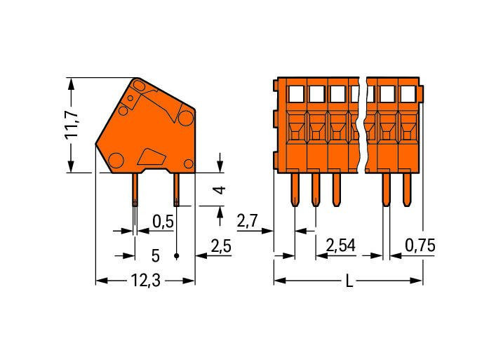 PCB terminal block; 0.5 mm; Pin spacing 2.54 mm; 2-pole; CAGE CLAMP®; 0,50 mm; orange Wago 233-402 ?Компактные клеммные колодки с соединением CAGE CLAMP® и применение отвертки параллельно или перпендикулярно вводу проводникаДвойные выводы по пайку для высокого уровня механической стабильностиИндивидуальные сочетания цветов...