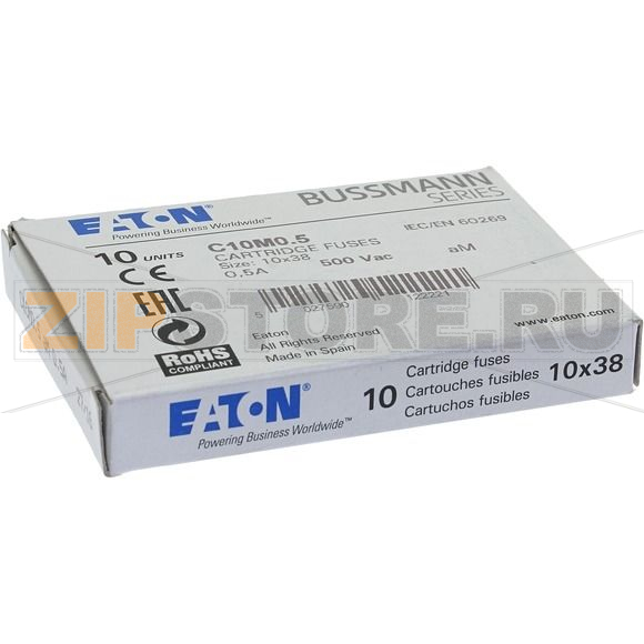 Предохранитель, 0.5 A, AC 500 В, 120 кА, 10x38 мм, aM, IEC Eaton CYLINDRICAL FUSE 10x38 0.5A AM 5 