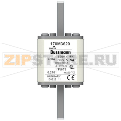 Предохранитель, 450 A, AC 690 В, 200 кА, size 1, 45x45x110 мм, aR, IEC UL Eaton FUSE 450A 690V 