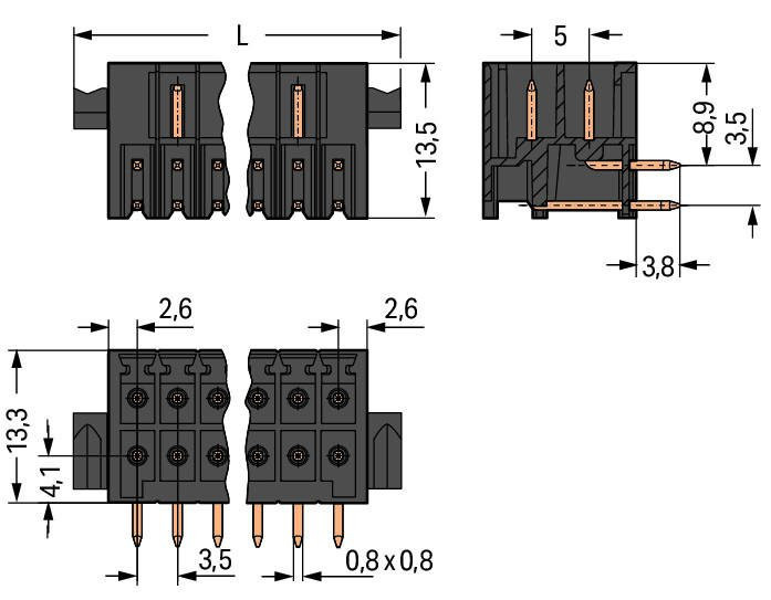 MCS MINI HD Вилка THT, 2-рядн.; 0.8 x 0.8 mm solder pin; угловые; 100% защита от неправильного подсоединения; Рычаги; Шаг контактов 3,5 мм; 2 x 15-полюсов; черные Wago 713-1435/037-000 Корпус вилок отливается из изоляционного материала, пригодного для пайки оплавлением припоя без использования свинцаРазделенные разъемы выводов предотвращают повреждения и обеспечивают вилкам защиту от касания в неподсоединенном состоянии100% защита от неправильного подсоединенияВозможны варианты кодировки...