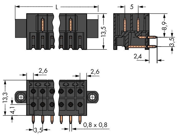 MCS MINI HD Вилка под пайку THR, 2-рядн.; 0.8 x 0.8 mm solder pin; угловые; 100% защита от неправильного подсоединения; Резьбовой фланец; Шаг контактов 3,5 мм; 2 x 17-полюсов; черные Wago 713-1437/117-000 Вилки для пайки оплавлением припоя для поверхностного монтажаРазделенные разъемы выводов предотвращают повреждения и обеспечивают вилкам защиту от касания в неподсоединенном состоянии100% защита от неправильного подсоединенияВозможны варианты кодировки...