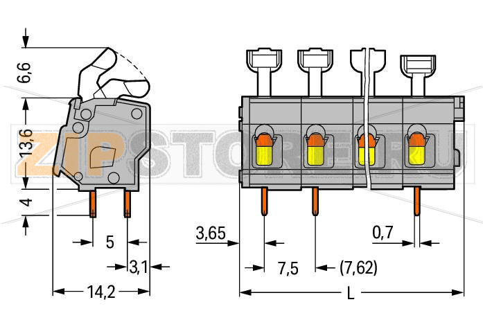 PCB terminal block; push-button; 2.5 mm; Pin spacing 7.5/7.62 mm; 9-pole; suitable for Ex-e applications; CAGE CLAMP®; commoning option; 2,50 mm; light gray Wago 257-559/000-009/999-950 Клеммные колодки с зажимами CAGE CLAMP®, монтаж с помощью нажимных кнопокУстановите шаг контактов в мм или дюймах либо сжав клеммные колодки плотнее, либо разделяя ихИдеальны для монтажа в полевых условиях благодаря простоте использования при помощи нажимных кнопокУдобный монтаж без использования инструментов...