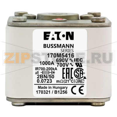 Предохранитель, 1000 A, AC 690 В, size 2, 61x77x51 мм, aR, IEC UL, M10 Eaton FUSE 1000A 690V 2 