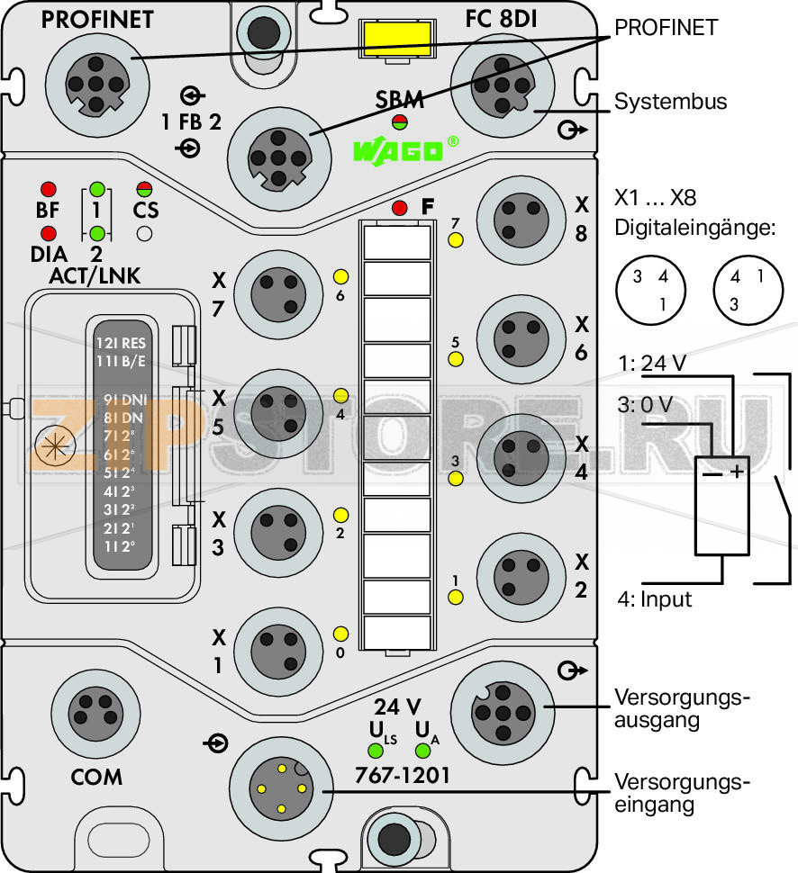 767 Series  I/O System Каплер полевой шины PROFINET IO; 8-канальный дискретный вход 24 В пост. тока; светло-серые Wago 767-1201 Краткое описание:PROFINET IO представляет собой построенный на основе ETHERNET независимый от производителей открытый стандарт полевой шины от PROFIBUS & PROFINET International (PI). Этот стандарт предлагает решения для автоматизации производства/процессов и систем безопасности, а также покрывает весь диапазон разносторонних потребностей - от технологий приводов до систем синхронного управления перемещениями.Каплер полевой шины подключает модули ввода-вывода WAGO SPEEDWAY 767 к PROFINET IO. Каплер создает образ процесса всех входов и выходов исходя из модульной структуры станции и конфигурационных данных, переданных контроллером IO. Кроме того, при Каплер предоставляет подключенным модулям ввода-вывода данные параметризации, полученные из описаний устройств (файлы GSDML) и переданные контроллером IO. Устройство сигнализирует о существующих ошибках модуля и каналов с помощью диагностических сигналов тревоги.Характеристики:- Встроенный коммутатор- Включает 8 дискретных входов, 24 В пост. тока- Модульность и расширяемость до 64 модулей ввода-вывода (через подключение к системной шине)- Интерфейс USB для проведения технического обслуживания- Параметризация с помощью GSDML или FDT/DTM (включая диагностику и имитацию) - Защищенная панель управления (рабочий режим и переключатель адреса)Комплект поставки:Маркировочная карточка WMB для модуля, желтая (1 шт.)Маркировочные полоски для каналов (1 шт.)Защитные крышки M8 (2 шт.)...
