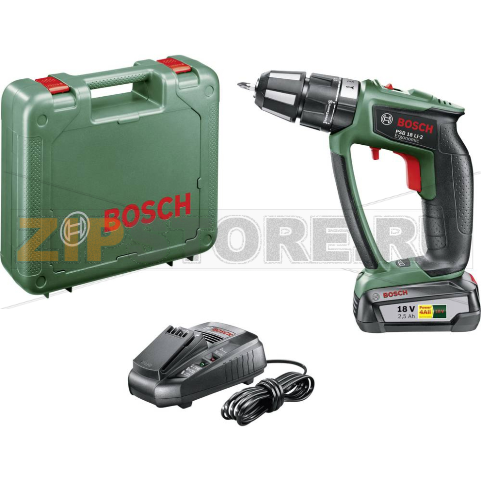 Дрель-шуруповерт аккумуляторная 18 В, 2.5 Ач, Li-Ion, кейс Bosch PSB 18 LI-2 Ergonomic 