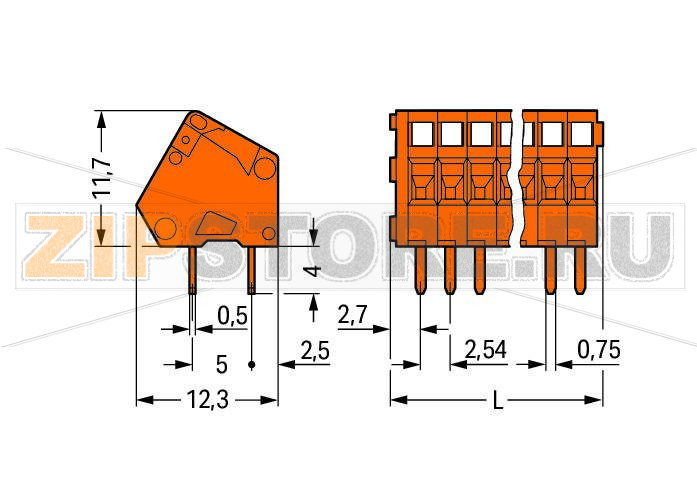 PCB terminal block; 0.5 mm; Pin spacing 2.54 mm; 6-pole; CAGE CLAMP®; 0,50 mm; orange Wago 233-406 ?Компактные клеммные колодки с соединением CAGE CLAMP® и применение отвертки параллельно или перпендикулярно вводу проводникаДвойные выводы по пайку для высокого уровня механической стабильностиИндивидуальные сочетания цветов...