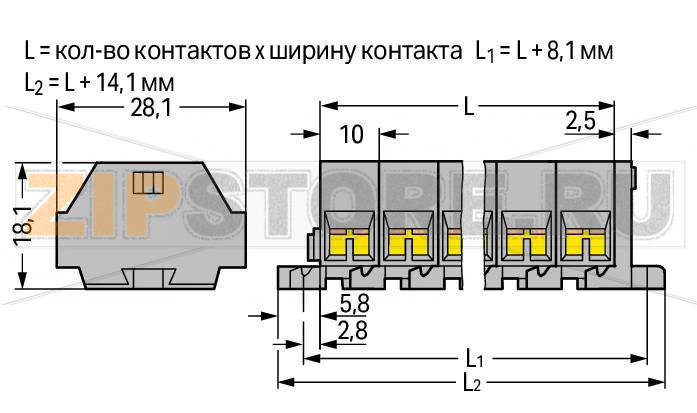 4-проводная клеммная колодка; 10-пол.; без кнопок; с крепежными фланцами; для винтового или аналогичных типов крепления; Крепежное отверстие 3,2 мм O; 2,5 мм; CAGE CLAMP®; 2,50 mm; серые Wago 261-210 