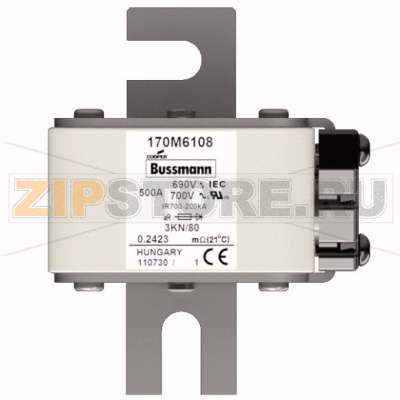 Предохранитель, 500 A, AC 690 В, 200 кА, 3, 76x92x109 мм, aR, DIN, IEC Eaton FUSE 500A 690V 3KN 