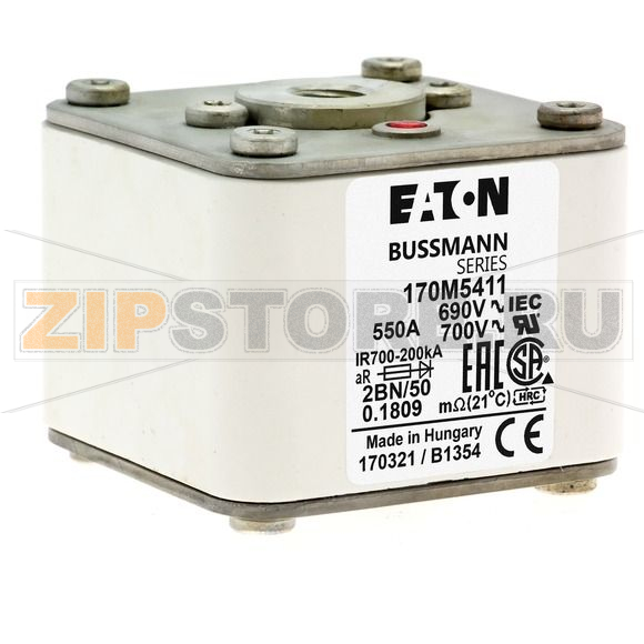 Предохранитель, 550 A, AC 690 В, size 2, 61x77x51 мм, aR, IEC UL, M10 Eaton FUSE 550A 690V 2BN 