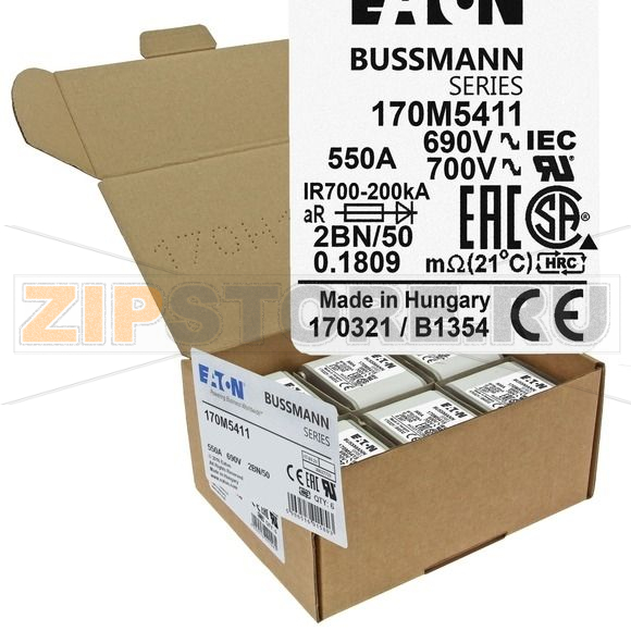 Предохранитель, 550 A, AC 690 В, size 2, 61x77x51 мм, aR, IEC UL, M10 Eaton FUSE 550A 690V 2BN 