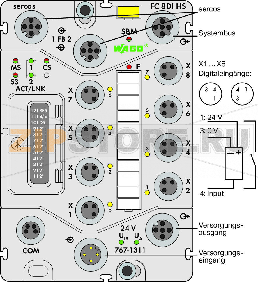 767 Series  I/O System Каплер полевой шины Sercos; 8-канальный дискретный вход 24 В пост. тока Wago 767-1311 Краткое описание:Каплер полевой шины соединяет систему WAGO SPEEDWAY 767 с сетью sercos. Он определяет структуру станции и генерирует необходимые образы процесса сконфигурированных вводов и выводов. Настройка станции может потребовать смешанного размещения аналоговых, дискретных или смешанных модулей ввода-вывода. Приложение каплера полевой шины позволяет выполнять доступ к такому устройству, как, например, устройству ввода-вывода sercos в сети. Сервисный канал sercos (SVC), канал реального времени (RTC) и IP-канал (NRT) поддерживаются для стандартного обмена данными по протоколу TCP/IP.Два встроенных порта ETHERNET позволяют легко создавать линейную или кольцевую структуру без необходимости использовать какие-либо дополнительные сетевые компоненты. Каждый порт поддерживает Auto MDI/MDI-X и автоматически определяет направление передачи, позволяя использовать как соединительные, так и перекрестные кабели.Присвоение адреса sercos может выполняться с помощью переключателя 10, используя как панель управления (переключатели), так и программное обеспечение (долговременная память). Кроме того, каплер полевой шины имеет 8 дискретных входов для приема сигналов от переключателей и датчиков.Характеристики:8 дискретных высокоскоростных входов, тип 1 (IEC 61131)Аппаратная задержка: 10 мксМодульные и расширяемые до 64 модулей ввода-вывода (через порт системы)Интерфейс USB для проведения обслуживанияНастройка конфигурации и параметров через файл описания устройства SDDMLУстановка параметров через FDT/DTM (включая диагностику и моделирование)Герметизируемая панель управления (переключатели рабочих режимов и адресов)Комплектация:1 маркер WMB, желтый1 маркировочная полоса канала2 защитные крышки M8...