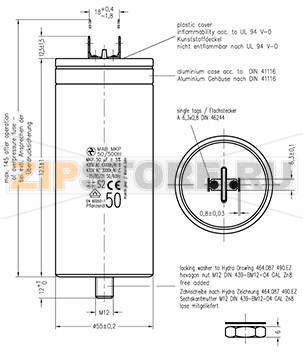 Конденсатор пусковой 50 мкФ, 500 В/AC, 5 %, 55x123 мм Hydra MKP_500_MAB 50uF 