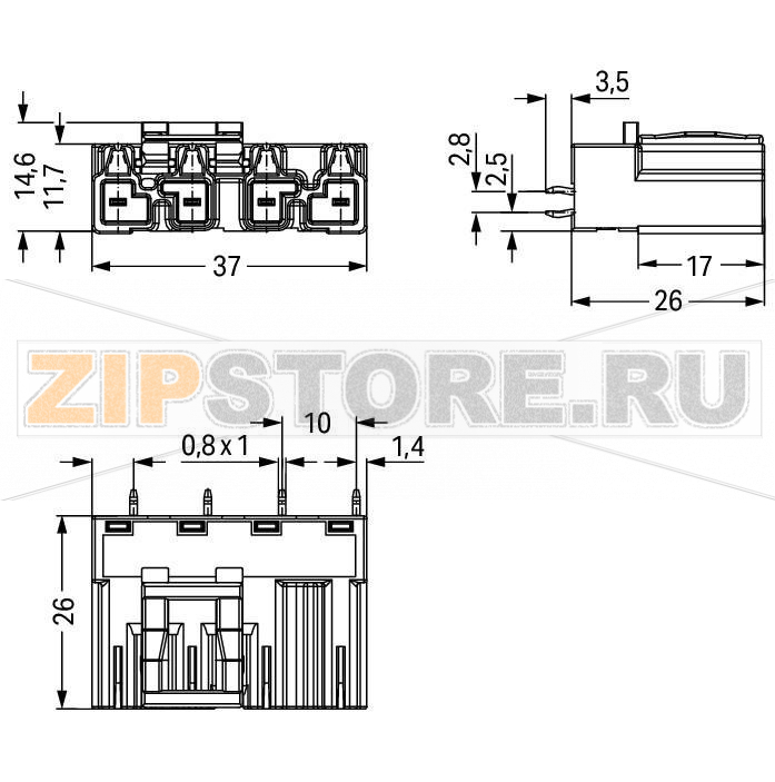 Штекер для печатных плат; прямые; 4-пол.; Код. A; черные Wago 770-814 Protected against mismating and maintenance-freePush-in CAGE CLAMP® spring pressure connection technology allows solid conductors to be simply pushed into a unit.Two wire connections per pole for loops or bridgesAdditional variable coding is possible....