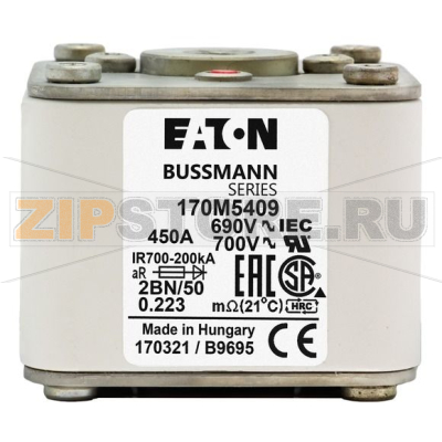 Предохранитель, 450 A, AC 690 В, size 2, 61x77x51 мм, aR, IEC UL, M10 Eaton FUSE 450A 690V 2BN 