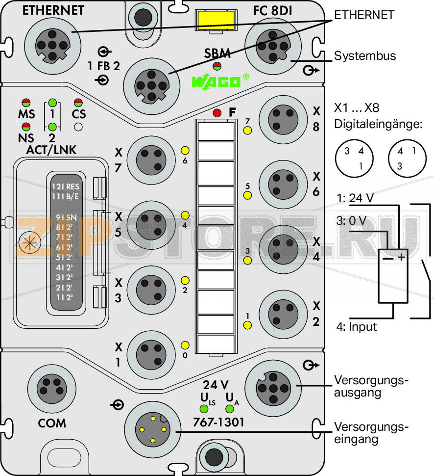 767 Series  I/O System Каплер шины Ethernet; 8-канальный дискретный вход 24 В пост. тока; светло-серые Wago 767-1301 Краткое описание:В дополнение к MODBUS/TCP протокол ETHERNET/IP закрепился в качестве промышленного стандарта связи через ETHERNET.Каплер полевой шины подключает систему WAGO SPEEDWAY 767 к ETHERNET. При инициализации каплер определяет модульную структуру станции и создает образ процесса всех входов и выходов. Прикладные протоколы MODBUS/TCP и ETHERNET/IP могут использоваться данными процессов и службами протоколов Http, BootP, DHCP, DNS, SNTP, FTP и SNMP (по запросу) для системного администрирования и диагностики.Характеристики:- Встроенный переключатель- Включает 8 дискретный входов, 24 В пост. тока- Модульность и расширяемость до 64 модулей ввода-вывода (через подключение к системной шине)- Интерфейс USB для проведения технического обслуживания- Параметризация с помощью FDT/DTM (включая диагностику и имитацию) - Защищенная панель управления (рабочий режим и переключатель адреса)Комплект поставки:Маркировочная карточка WMB для модуля, желтая (1 шт.)Маркировочные полоски для каналов (1 шт.)Защитные крышки M8 (2 шт.)...