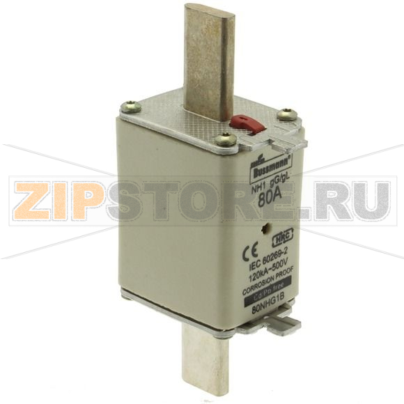 Предохранитель, 80 A, AC 500 В, 120 кА, NH1, gL/gG, IEC Eaton NH FUSE 80AMP 500V gG SIZE 1 DUAL IND 