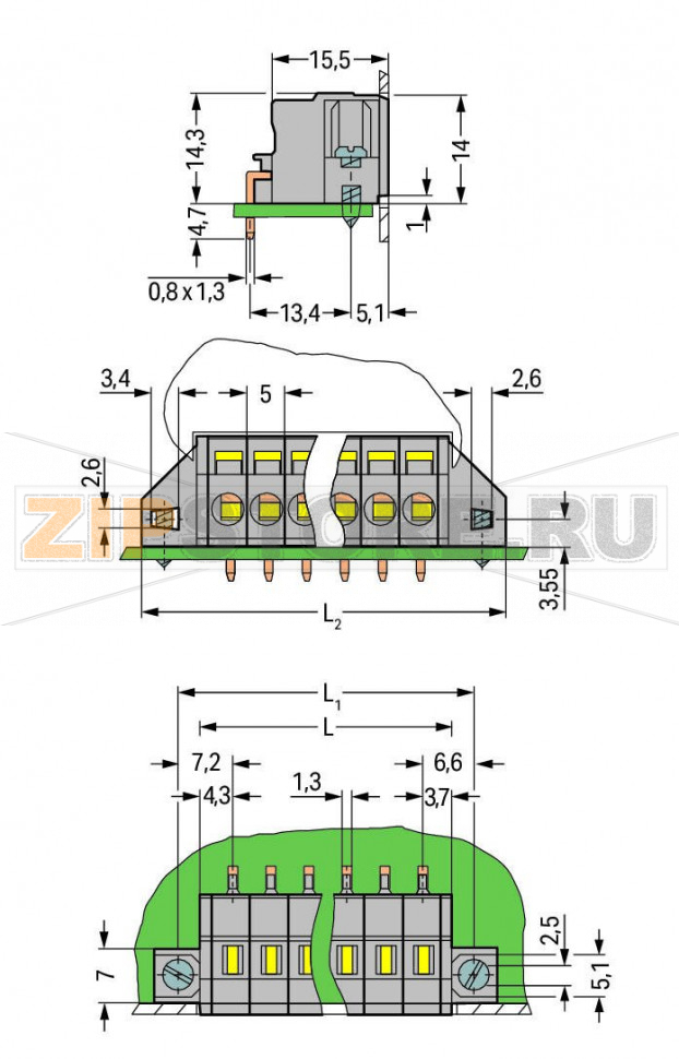 Клемма на печатную плату; 2,5 мм; Шаг контактов 5 мм; 2-пол.; CAGE CLAMP®; зажимное кольцо; 2,50 mm; серые Wago 231-602/023-000 Клеммы для сквозного монтажа с зажимом CAGE CLAMP®, приводимым в действие при помощи отверткиФиксирующие фланцы для монтажа на печатную плату или на переднюю панель – может либо быть скрытым в корпусе, либо выступатьИсполнения с фиксирующими фланцами доступны по требованию заказчика...