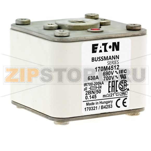 Предохранитель, 630 A, AC 690 В, size 2, 61x77x51 мм, aR, IEC UL, M10 Eaton FUSE 630A 690V 2BN 