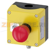 Корпус для командных устройств, 22 мм, кругл., материал корпуса — пластмасса, верхняя часть корпуса желтая, 1 командный пункт из пластмассы, A = грибовидный аварийный выключатель красный, 40 мм, поворотный расцепной механизм, 2 НЗ, подключение на пружинны