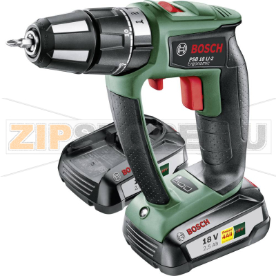 Шуруповерт аккумуляторный 18 В, 2.5 Ач, Li-Ion, 2 аккумулятора, кейс Bosch PSB 18 LI-2 Ergonomic 