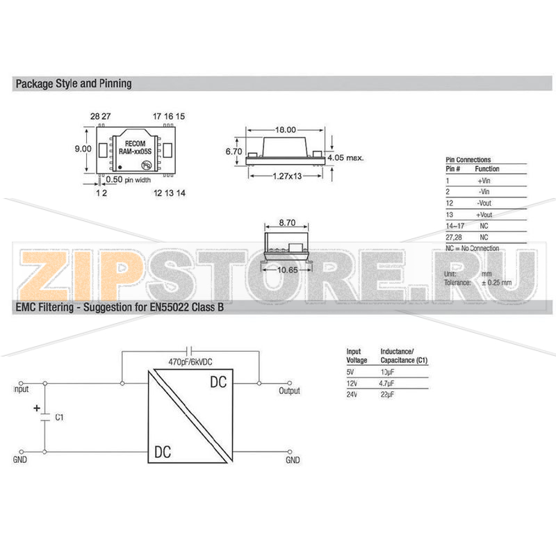 Преобразователь DC/DC, модульного типа, 5 В/DC, 200 mA, 1 Вт Recom RAM-0505S/H 