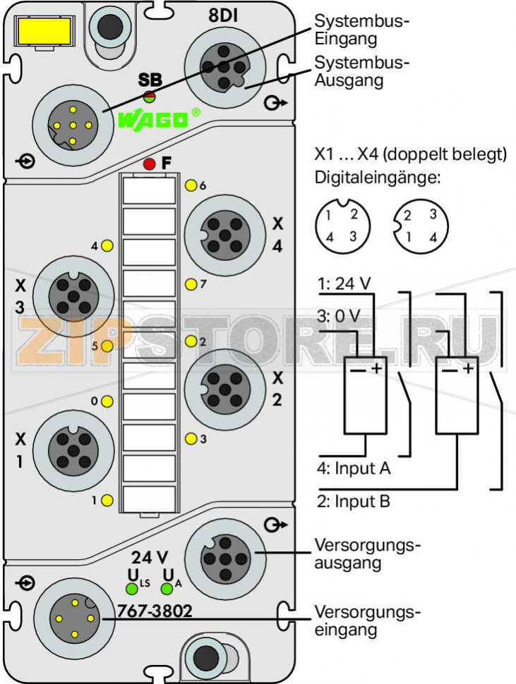 767 Series  I/O System Модуль, 8 дискретных входов; тока; 4 x M12, два выхода на соединитель; - Wago 767-3802 Краткое описание:Дискретный модуль ввода регистрирует двоичные сигналы от выключателей, датчиков и бесконтактных переключателей (BERO).Характеристики:- 8 дискретных входов, 24 В пост. тока- Возможность диагностики (для каждого модуля)- Возможность параметризации (фильтр, инверсия, имитация и диагностика в реальном времени)Комплект поставки:Маркировочная карточка WMB для модуля, желтая (1 шт.)Маркировочные полоски (1 шт.)Защитные крышки M12 (2 шт.)...