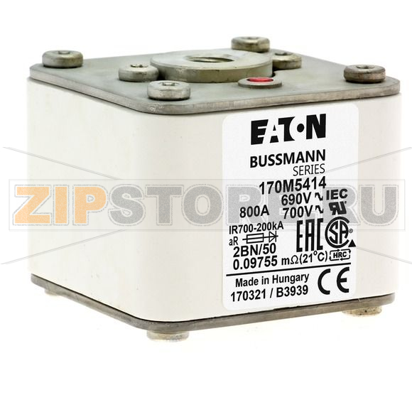 Предохранитель, 800 A, AC 690 В, size 2, 61x77x51 мм, aR, IEC UL, M10 Eaton FUSE 800A 690V 2BN 