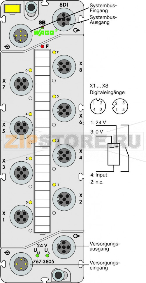 767 Series  I/O System Модуль, 8 дискретных входов; тока; 8 x M12; - Wago 767-3805 Краткое описание:этот модуль дискретного ввода принимает двоичные сигналы от переключателей, датчиков и бесконтактных переключателей (BERO).Характеристики:? 8 дискретных вводов, 24 В пост.тока? возможность выполнения диагностики (на модуль)? возможность параметрирования (фильтр, инверсия, интерактивное моделирование и диагностика)Комплектация:1 маркер WMB, желтый1 маркировочная полоса2 защитные крышки M12...