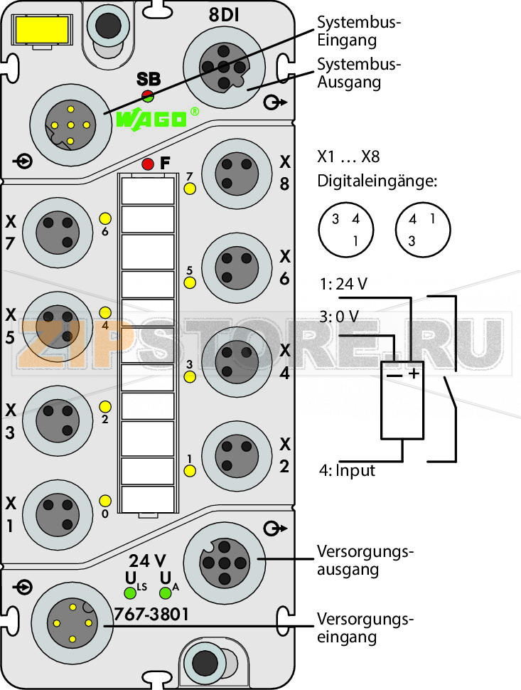 767 Series  I/O System Модуль, 8 дискретных входов; тока; 8 x M8; светло-серые Wago 767-3801 Краткое описание:Дискретный модуль ввода регистрирует двоичные сигналы от выключателей, датчиков и бесконтактных переключателей (BERO).Характеристики:- 8 дискретных входов, 24 В пост. тока- Возможность диагностики (для каждого модуля)- Возможность параметризации (фильтр, инверсия, имитация и диагностика в реальном времени)Комплект поставки:Маркировочная карточка WMB для модуля, желтая (1 шт.)Маркировочные полоски (1 шт.)Защитные крышки M8 (2 шт.)...