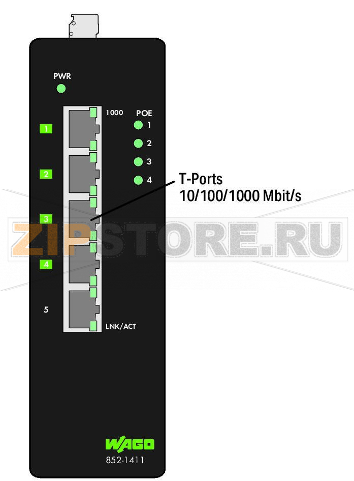 Промышленный переключатель ECO; 5 портов 1000Base-T; Расширенный диапазон температур; 4 * питание по Ethernet; черные Wago 852-1411 