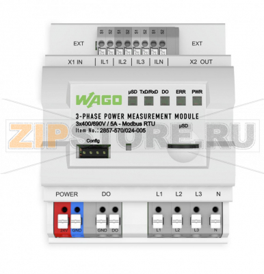 Трехфазный блок формирования сигналов мощности; 3x400/690 В/5 А; Modbus RTU; Дискретный выход; Настройка при помощи программного обеспечения; Напряжение питания: 24 В пост. тока Wago 2857-570/024-005 Short description:WAGO's 3-Phase Power Measurement Module in a DIN-rail-mount enclosure measures electrical data in three-phase supply networks – remotely from the control level.Measured variables such as active/apparent/reactive power, energy consumption, power factor, phase angle and frequency can be accessed via Modbus® interface. In addition, the measured variables can be stored on a microSD card.Features:Current measurement via 5A current transformerMobile measurement and storage of measured values on microSD cardConfiguration and display of measured values during operation via configuration interfaceCompact device in DIN-rail-mount enclosure saves space used for building technologyCommunication of measured values via Modbus® interfaceConfigurable digital signal output as pulse output...