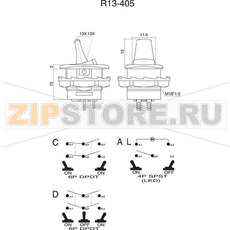 Тумблер 250 В/AC, 6 А, 2 x вкл/вкл, 1 шт TRU Components R13-405C-05 