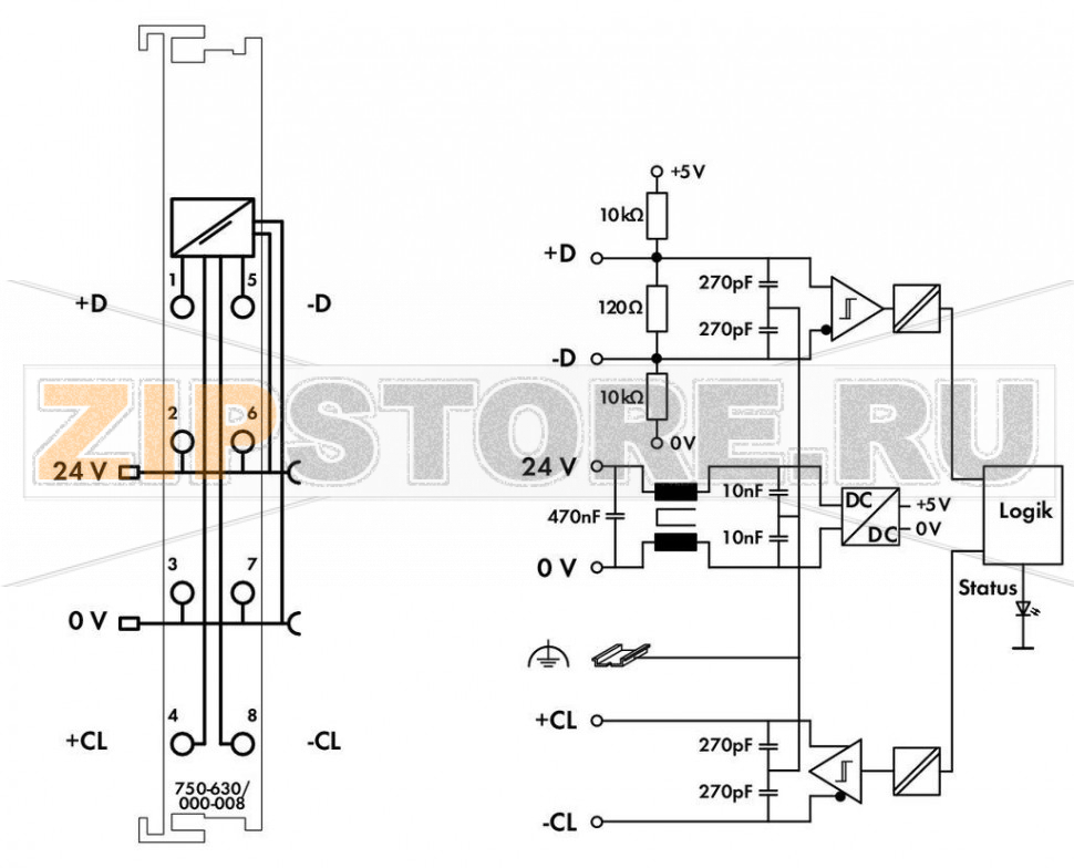 Интерфейс передатчика SSI; 25 бит; 125 кГц; Код Грея; светло-серые Wago 750-630/000-008 