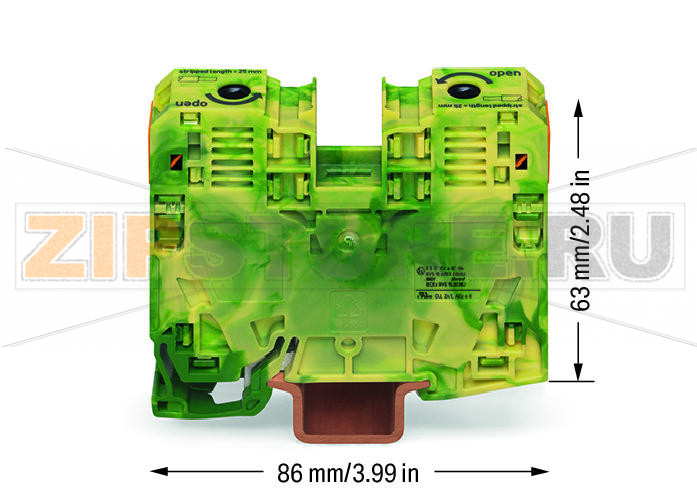 POWER CAGE CLAMP 2-проводные клеммы с заземлением; 35 мм; подходят для исполнений Ex e II; боковые маркировочные разъемы; только на рейке DIN 35 x 15; POWER CAGE CLAMP; 35,00 mm; зеленые-желто Wago 285-137/999-950 