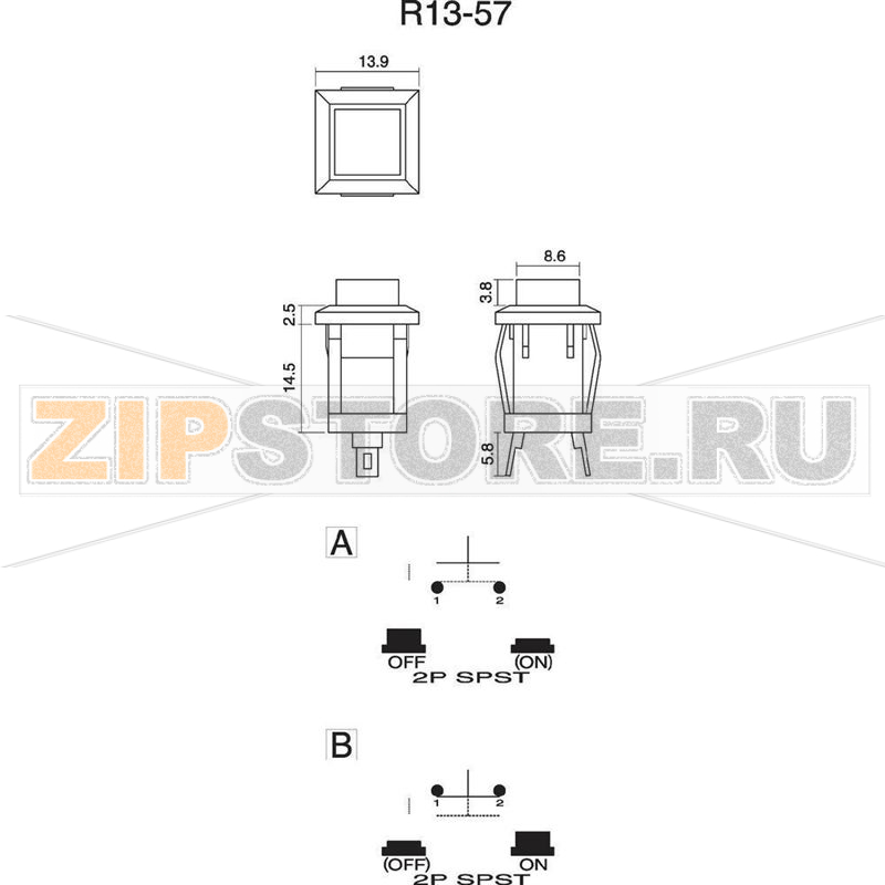 Кнопка 250 В/AC, 0.5 А, 1 x выкл/вкл, без фиксации, 1 шт SCI R13-57A-05GN 