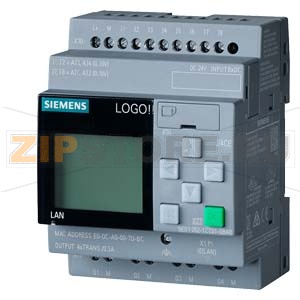 LOGO! 24CE, logic module, display PS/I/O: 24 V/24 V/24 V trans., 8 DI (4 AI)/4 DQ, memory 400 blocks, modular expandable, Ethernet integrated web server, data log, user-defined web pages, standard microSD card for LOGO! Soft Comfort V8.3 or higher, older 