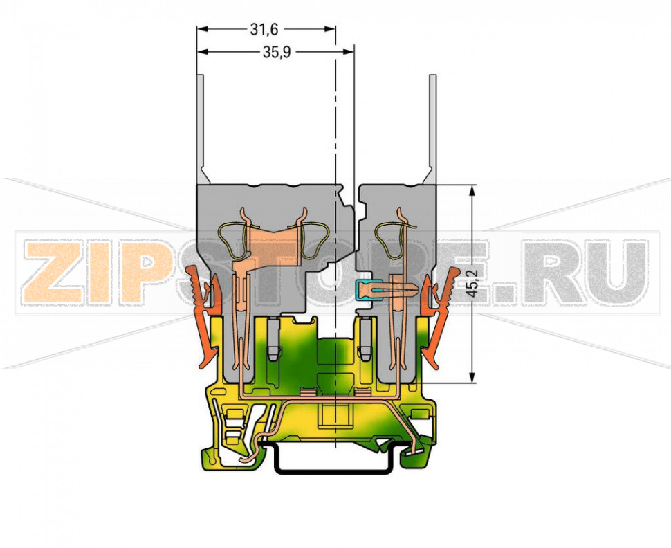2-контактные базовые клеммы с заземлением; для DIN-рейки 35 x 15 и 35 x 7,5; зеленые-желто Wago 769-227 