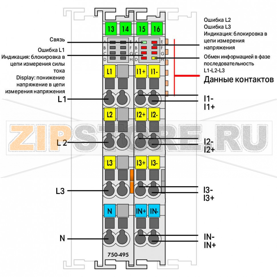 3-фазное измерение мощности; 690 В перем. т. / 5 А; светло-серые Wago 750-495/000-001 