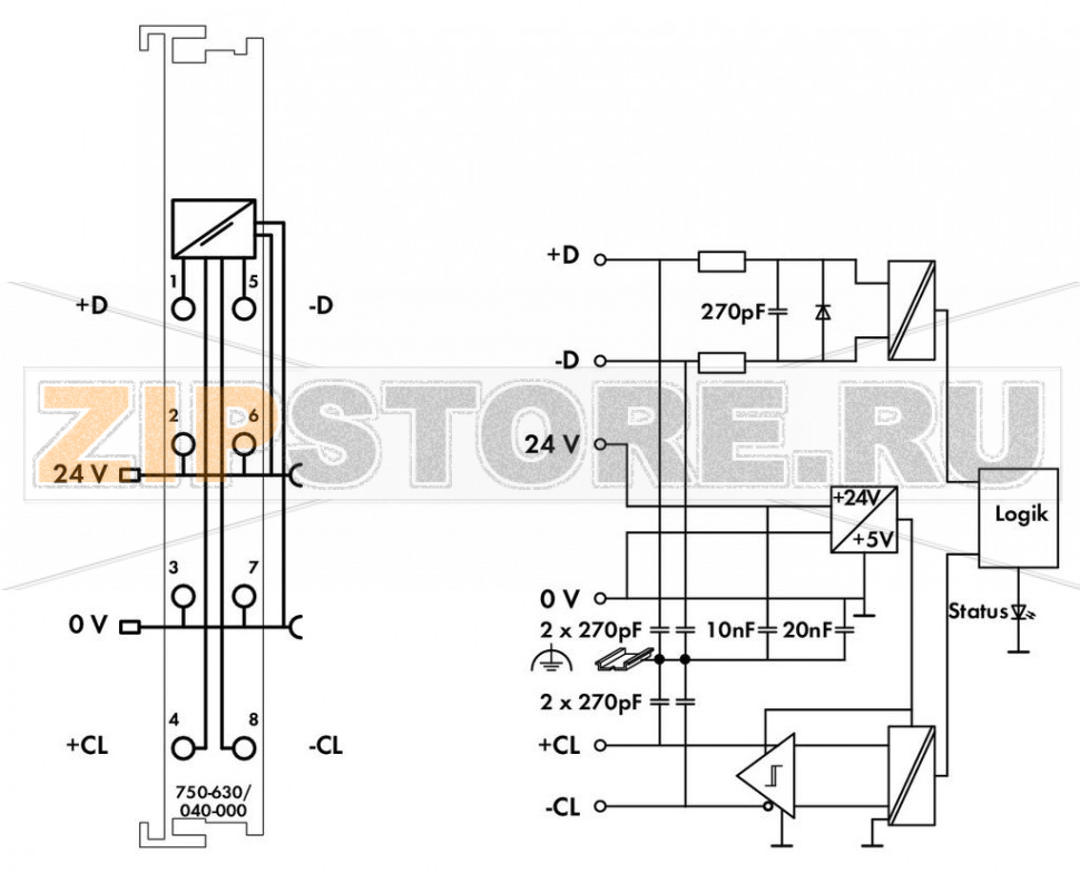 Интерфейс передатчика SSI; регулируемые; Extreme; - Wago 750-630/040-001 This module is an SSI interface for the direct connection to an SSI transmitter.After the module has given a clock pulse to the sensor, the module reads the incoming data and transmits it directly as a data word into the process image of the PLC or PC. It is possible to factory adjust different operating modes, transfer frequencies and bit widths by means of the control register.The power supply for the transmitter is derived internally from the power jumper contacts.The device is ideal for operation in extreme environments thanks to:Extended temperature rangeGreater immunity to impulse voltages and electromagnetic interferenceHigher vibration and shock resistance...