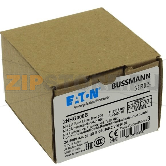 Предохранитель, 2 A, AC 500 В, 120 кА, NH000, gL/gG, IEC Eaton NH FUSE 2AMP 500V SIZE 000 GG MGL 