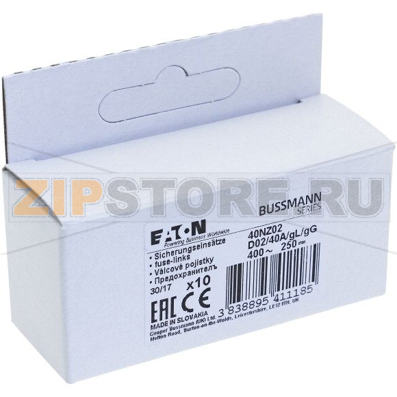 Предохранитель, 40 A, AC 400 В, 50 кА, D02, gL/gG, IEC с задержкой Eaton FUSE-D02 40A T GL/GG 400V 