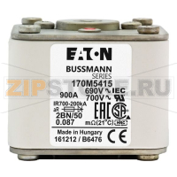 Предохранитель, 900 A, AC 690 В, size 2, 61x77x51 мм, aR, IEC UL, M10 Eaton FUSE 900A 690V 2B