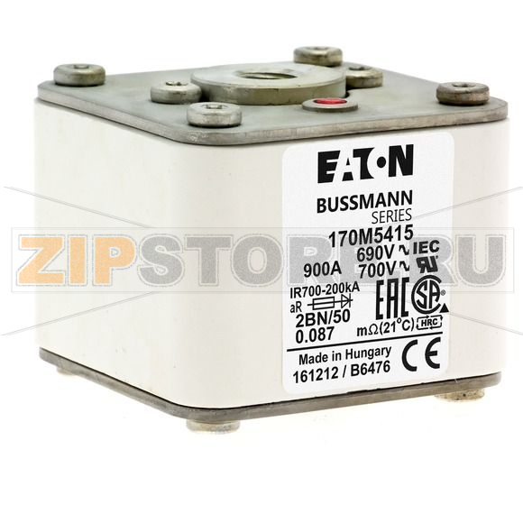 Предохранитель, 900 A, AC 690 В, size 2, 61x77x51 мм, aR, IEC UL, M10 Eaton FUSE 900A 690V 2B 