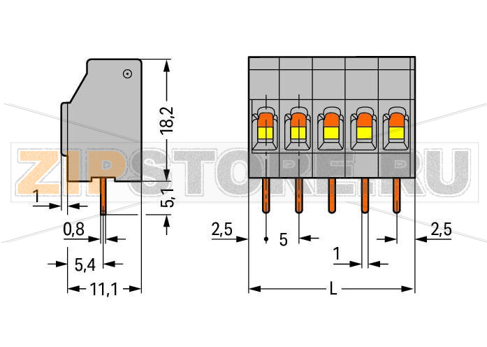 PCB terminal block; 2.5 mm; Pin spacing 5 mm; 5-pole; CAGE CLAMP®; 2,50 mm; green Wago 740-105/000-023 Клеммные колодки с соединением CAGE CLAMP®, монтаж проводников при помощи отверткиОткрытие зажима сверху, введение проводника сбоку Выводы и габариты совместимы с клеммами винтового типа сходного дизайнаКлеммные колодки могут размещаться рядом без потери полюсов...