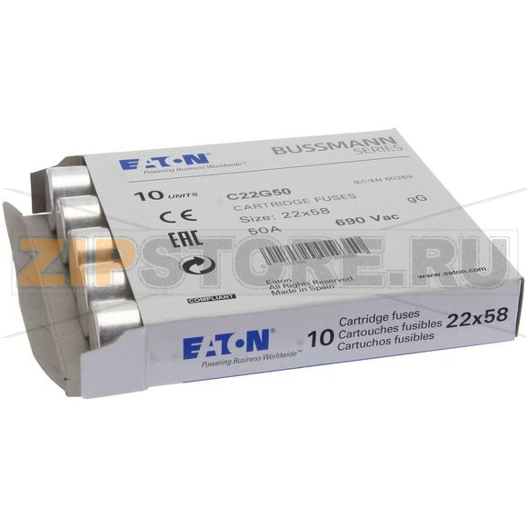 Предохранитель, 50 A, AC 690 В, 80 кА, 22x58 мм, gL/gG, IEC Eaton CYL FUSE >STR >22x58 50A GG 6 