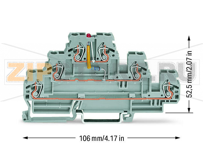 Компонентная клемма; трехуровн.; красный светодиод; тока; для DIN-рейки 35 x 15 и 35 x 7,5; 2,5 мм; CAGE CLAMP®; 2,50 mm; серые Wago 870-593/281-434 