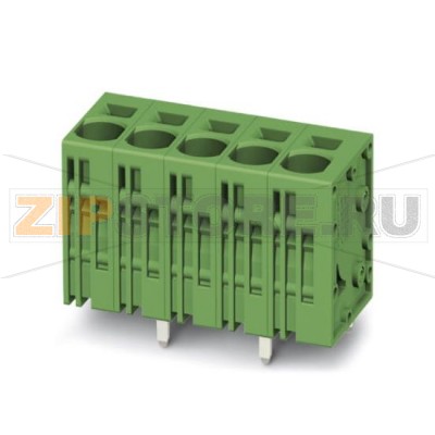 Клеммы для печатного монтажа Phoenix Contact SPT 5/ 5-V-7,5-ZB Номинальный ток: 41 А, Номинальное напряжение: 1000 В, Размер шага: 7,5 мм, Полюсов: 5, Тип подключения: Пружинные зажимы, Монтаж: пайка, Направление подключения, проводник / печатная плата: 90 °, Цвет: зеленый.Минимальный заказ: 50 шт.Упаковка: 50 шт.