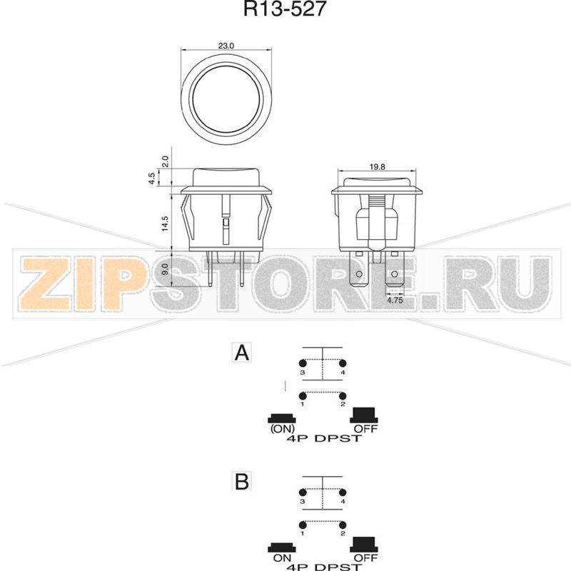 Кнопка 250 В/AC, 6 А, 1 x вкл/выкл, с фиксацией, 1 шт TRU Components TC-R13-527BL-02YL 
